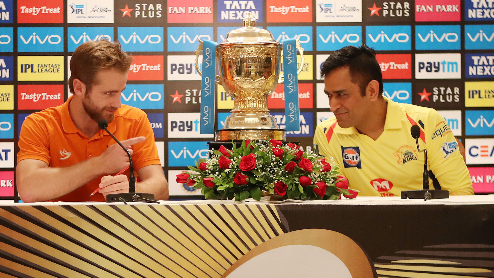 Kane Williamson of the Sunrisers Hyderabad and MS Dhoni of the Chennai Superkings address the media during the Vivo Indian Premier League 2018 (IPL 2018) pre final press conference held at the Trident Hotel in Mumbai on the 26th May 2018.