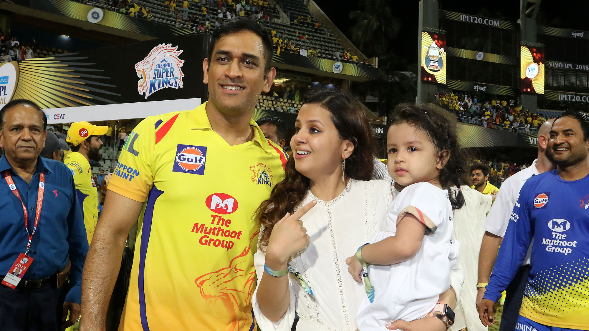 MS Dhoni and his daughter Ziva after the 2018 IPL Final in Mumbai that Chennai Super Kings won.