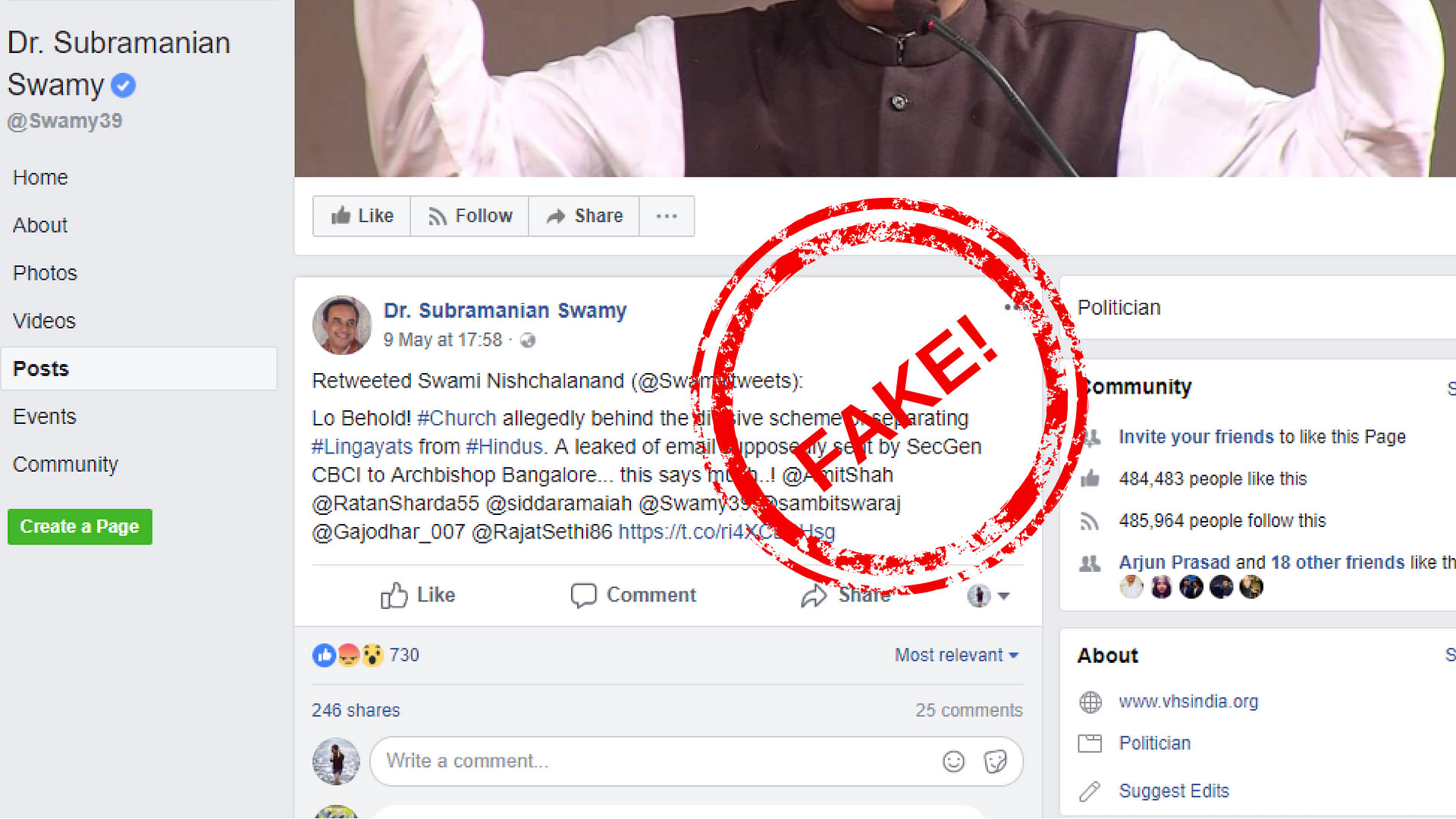 Since the user @swamijitweets has deleted his tweet, the retweeted tweet cannot be seen on Subramanian Swamy’s Twitter timeline anymore. However, Swamy’s tweets get pushed to his official Facebook page which still carries evidence of him having retweeted the tweet.