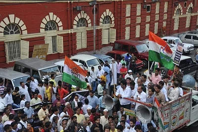Kolkata: Congress workers led by Adhir Ranjan Chowdhury stage a demonstration after a racket of rotten meat suppliers was busted, in Kolkata on May 4, 20128. (Photo: IANS)
