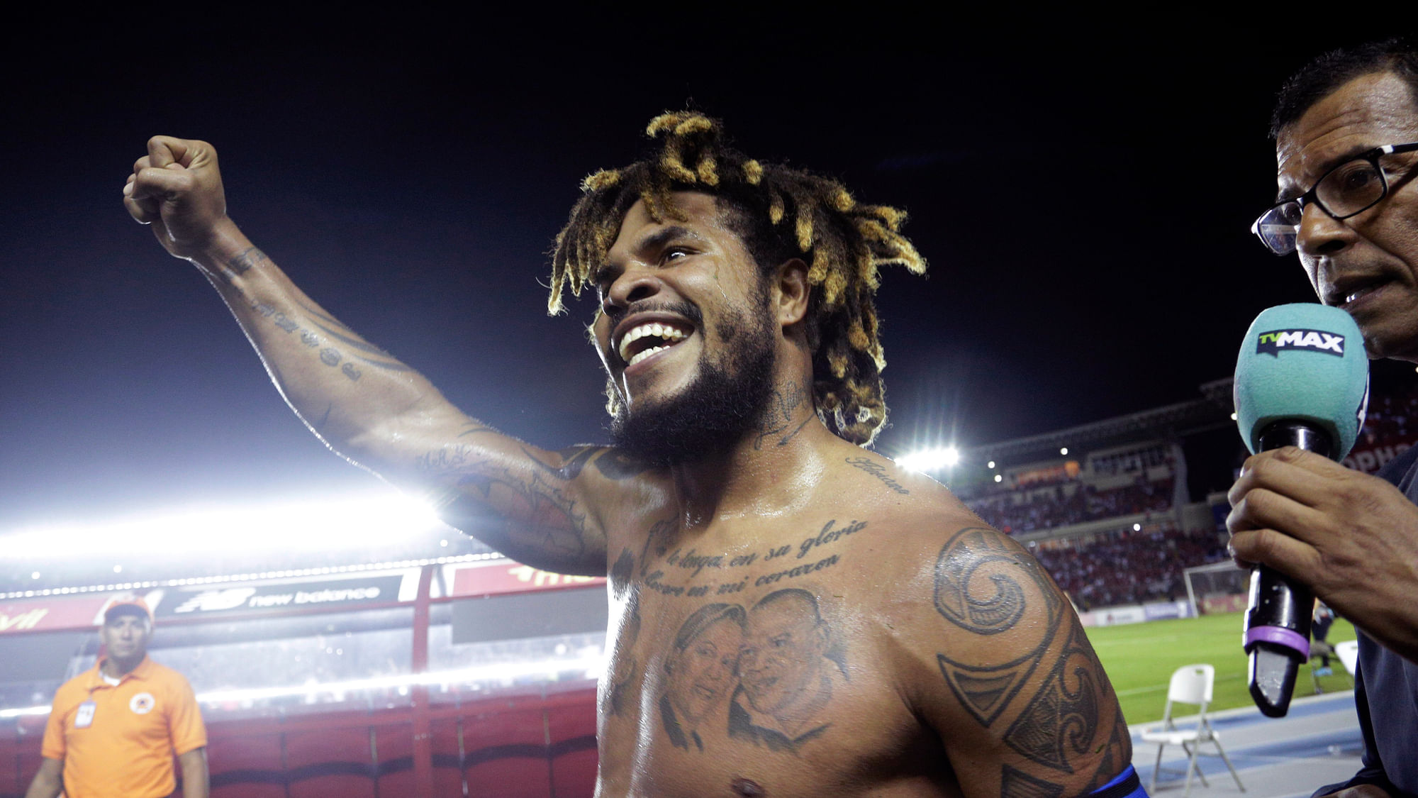 FILE - In this Tuesday, Oct. 10, 2017 filer, Panama’s Roman Torres celebrates his goal against Costa Rica and his team’s 2-1 victory, qualifying his team for the 2018 Russia World Cup in Panama City. It’s the first time Panama classifies for a World Cup tournament.&nbsp;
