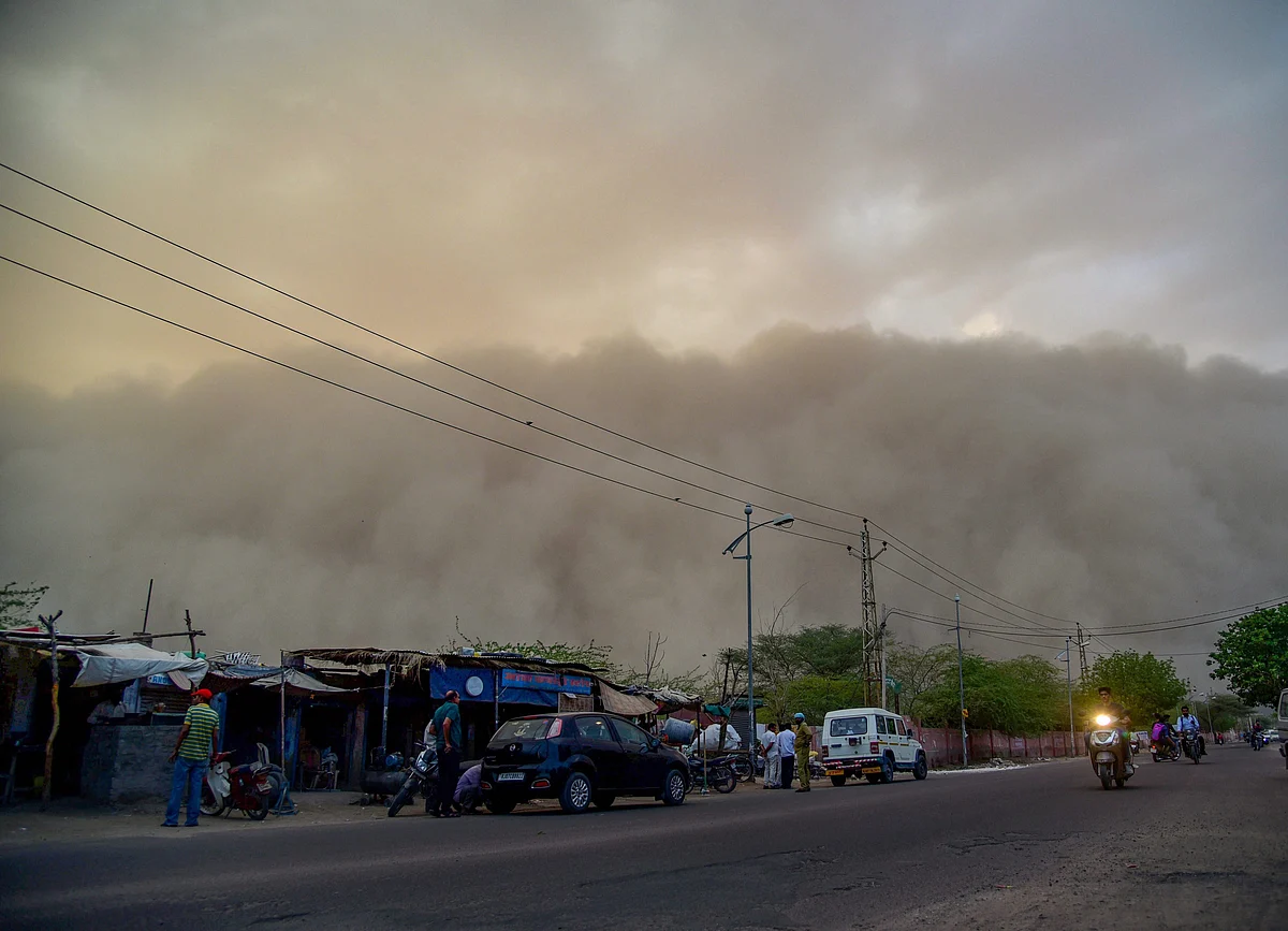 A dust storm is seen building up over the city of Bikaner.