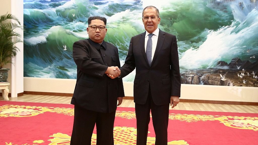 Korean leader Kim Jong Un, and Russia’s Foreign Minister Sergei Lavrov shake hands during a meeting in Pyongyang, North Korea on Thursday.