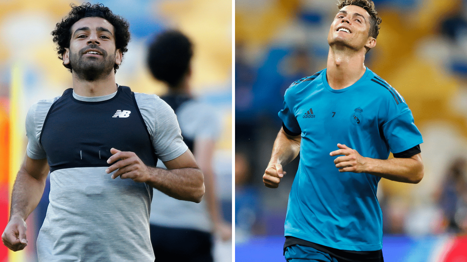 Liverpool’s Mo Salah (left) and Real Madrid’s Cristiano Ronaldo during practice sessions at the Olimpiyskiy Stadium in Kiev in Ukraine on Friday.&nbsp;