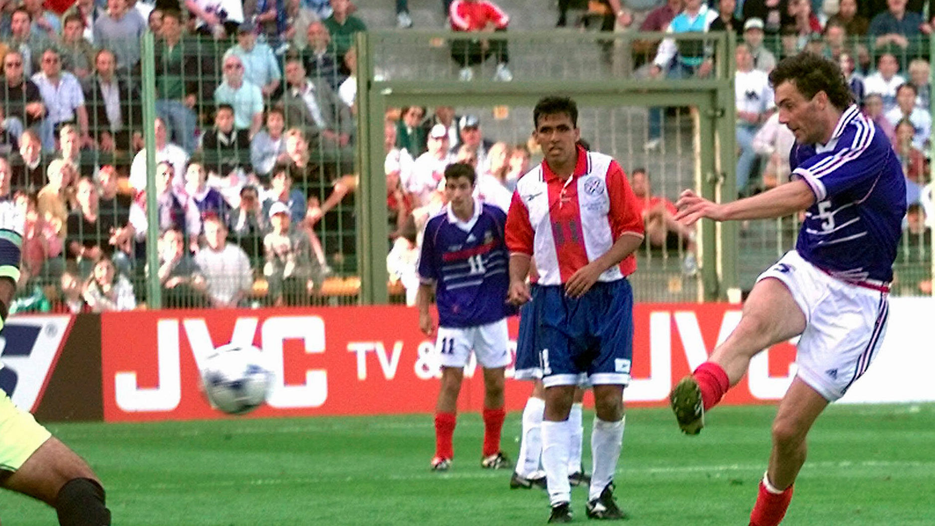 In this Sunday, June 28, 1998 file photo, France’s Laurent Blanc scores against Paraguay in extra time of a round of 16 soccer match at the World Cup at the Felix Bollaert stadium in Lens, France. Blanc’s strike was the first “golden goal” in World Cup finals history to give France a 1-0 win over Paraguay.&nbsp;