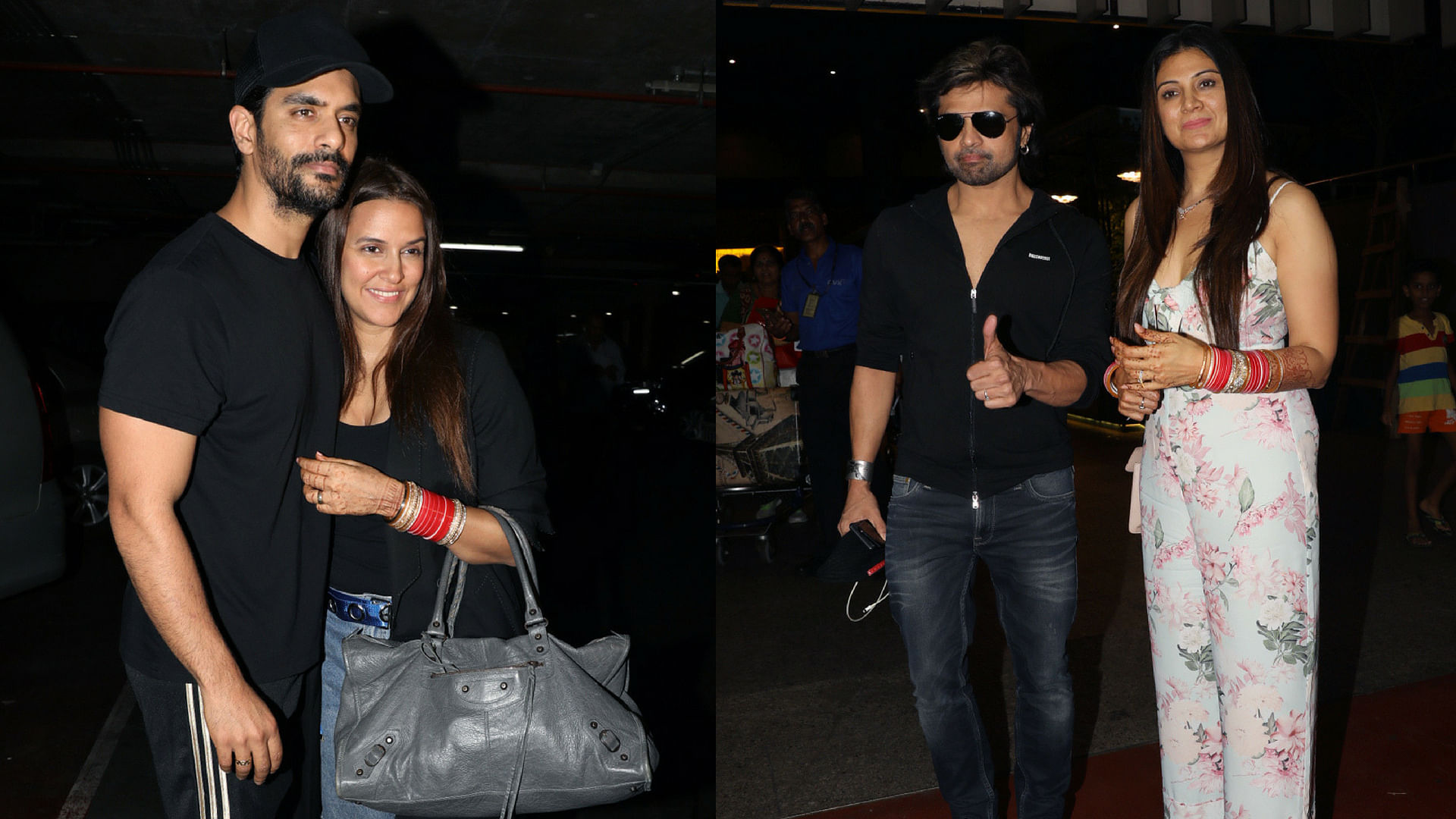 Angad Bedi and Neha&nbsp; Dhupia, and Himesh Reshammiya and Sonia Kapoor at the Mumbai airport.&nbsp;