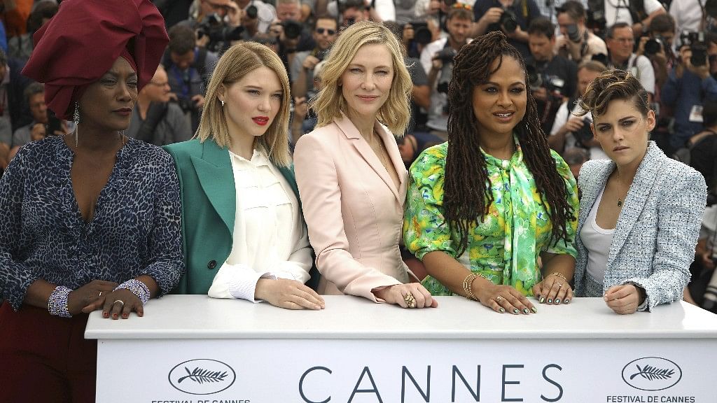 Jury members Khadja Nin, from left, Lea Seydoux, Cate Blanchett, Ava DuVernay and Kristen Stewart pose for photographers during a photo call for the jury at the 71st international film festival, Cannes, southern France, Tuesday, May 8, 2018