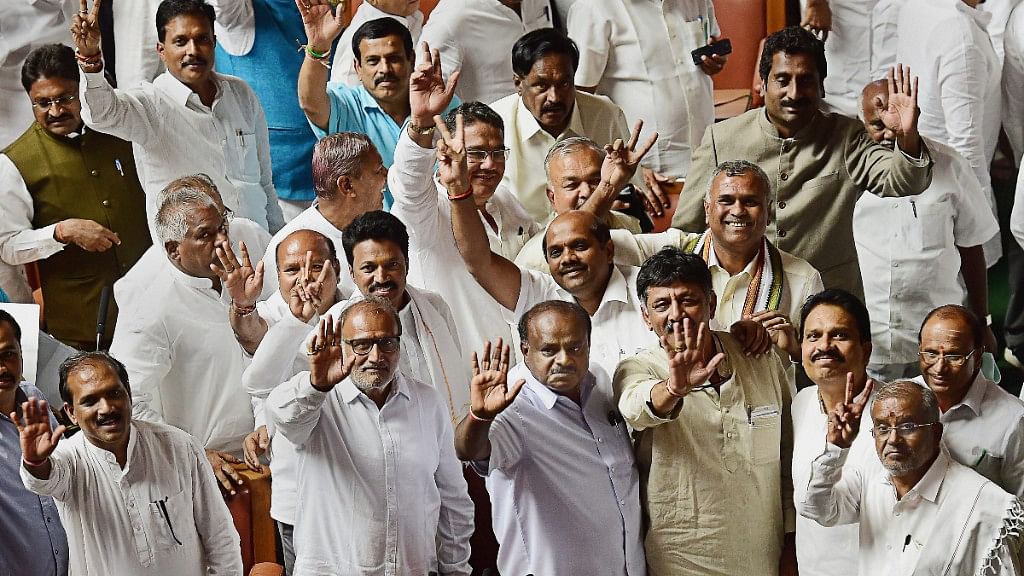 Karnataka Chief Minister HD Kumaraswamy, with other JD(S) and Congress leaders, after winning the trust vote at at Vidhana Soudha in Bengaluru.