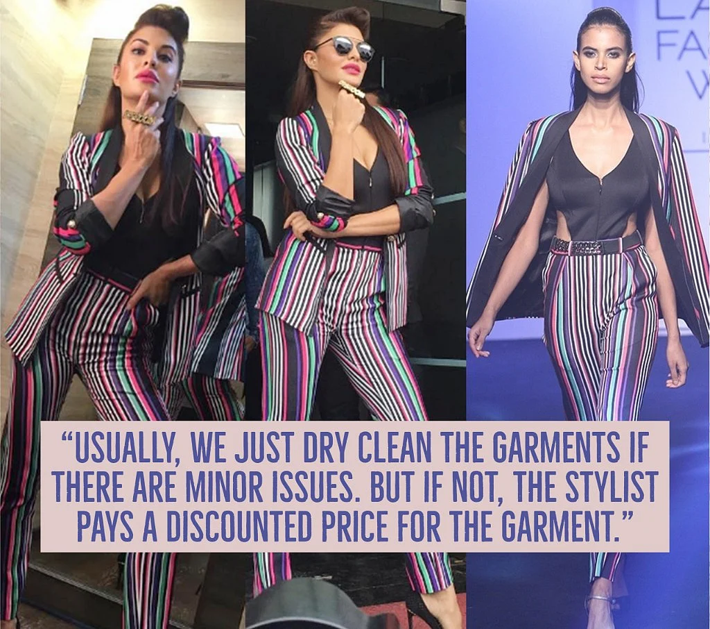 Jacqueline Fernandes seen in Karn Malhotra’s stripped Pant-Suit creation. 