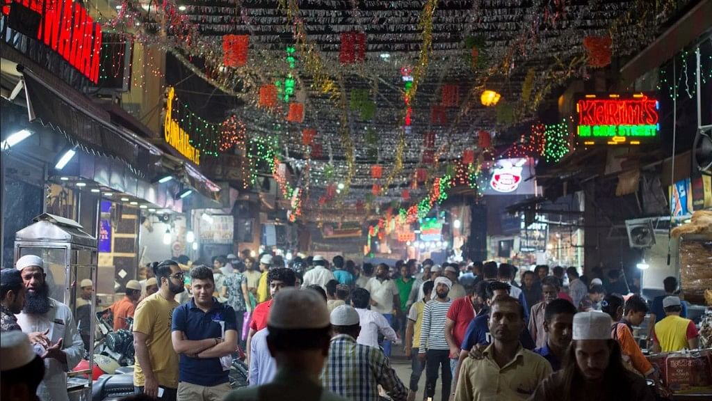 Decorated streets bustling with people during Ramzan opposite Jama Masjid.