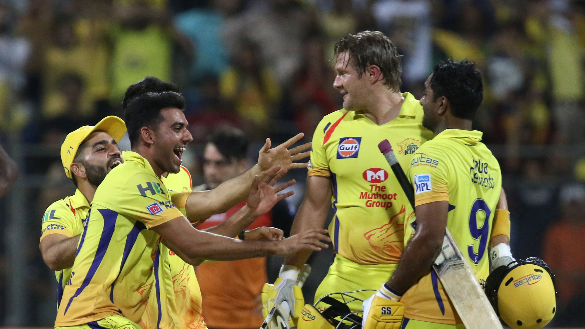 Chennai Super Kings players celebrate after winning the Final of the Vivo Indian Premier League 2018 (IPL 2018) between the Chennai Super Kings and the Sunrisers Hyderabad held at the Wankhede Stadium in Mumbai on the 27th May 2018.