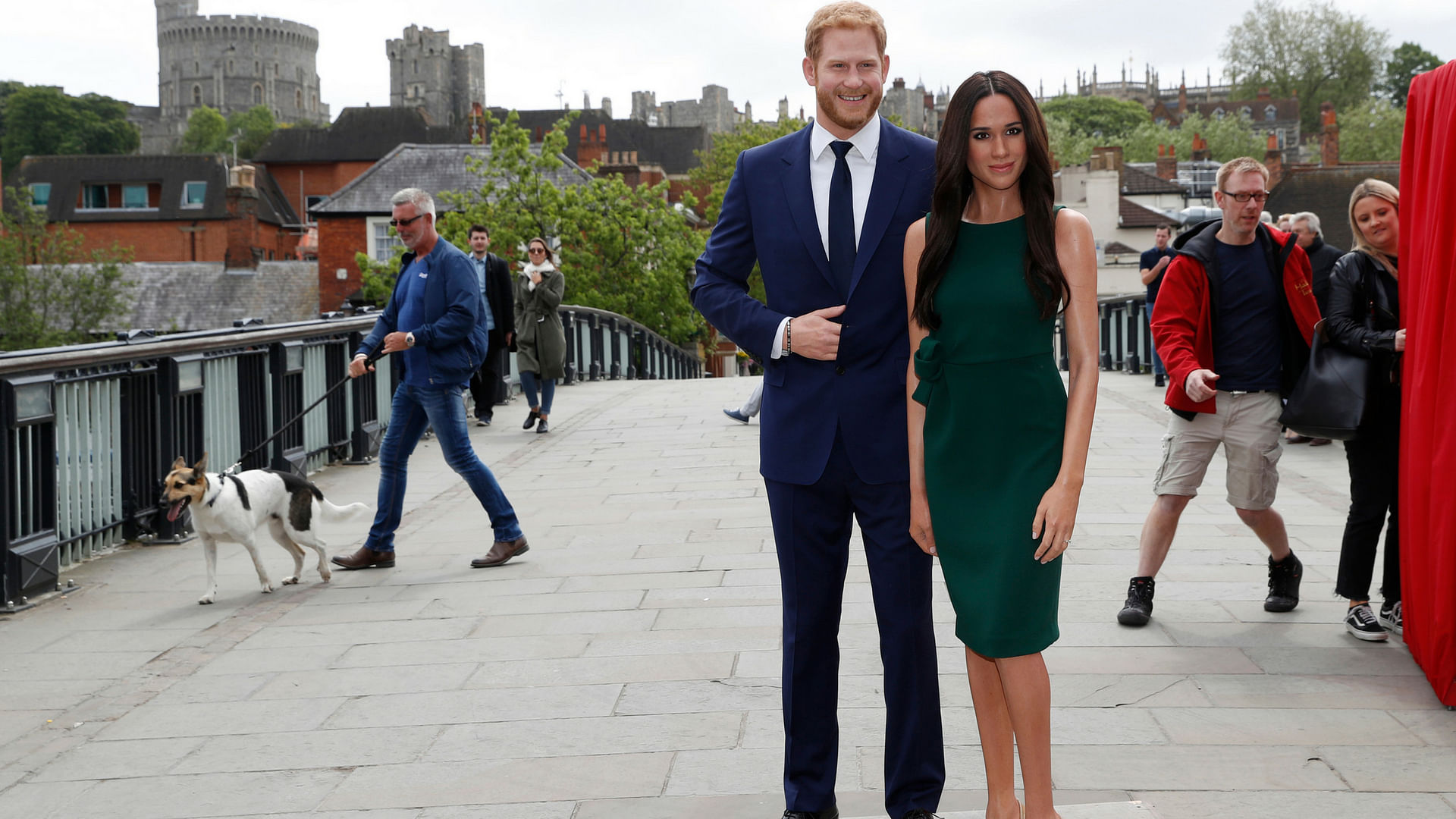 Waxwork figures of Britain’s Prince Harry and Meghan Markle.
