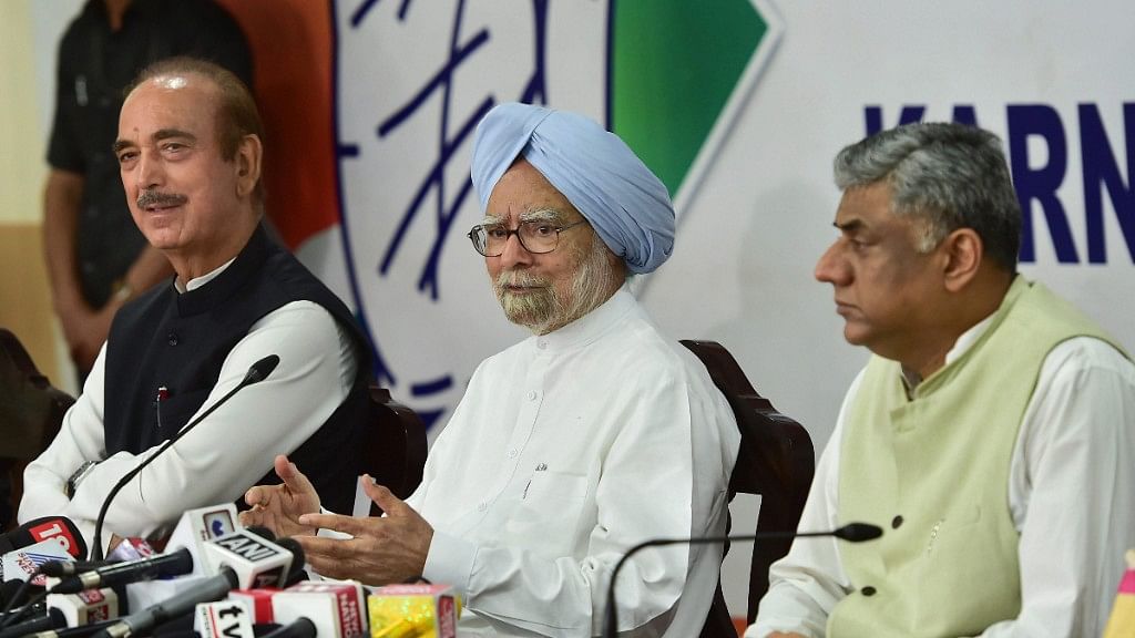 Former PM Manmohan Singh with senior Congress leadera Ghulam Nabi Azad and Rajiv Gowda addresses a press meet at Karnataka Pradesh Congress Committee office during his visit to the state, ahead of the Assembly polls, in Bengaluru on Monday.