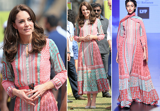 During Kate Middleton’s first visit to India, she favoured a dress by Anita Dongre (left and centre) as seen adorned by a model on the runway (right). 