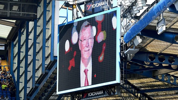 A tribute to Sir Alex Ferguson is displayed during the English Premier League match between Chelsea and Liverpool at Stamford Bridge on Sunday.