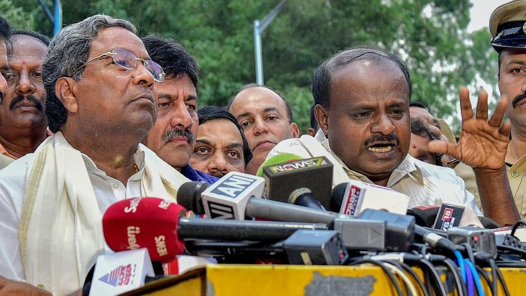 Outgoing Karnataka CM Siddaramaiah and JD(S) President HD Kumaraswamy addressed the media after a meeting with Governor Rudabhai Vala.