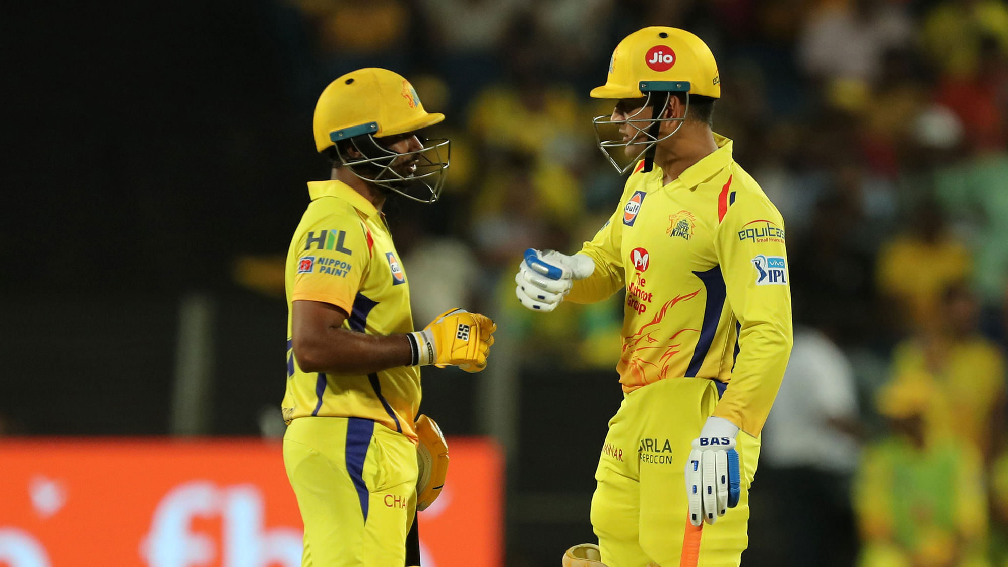 Ambati Rayudu and MS Dhoni share a moment during the match between Chennai Super Kings and Sunrisers Hyderabad.
