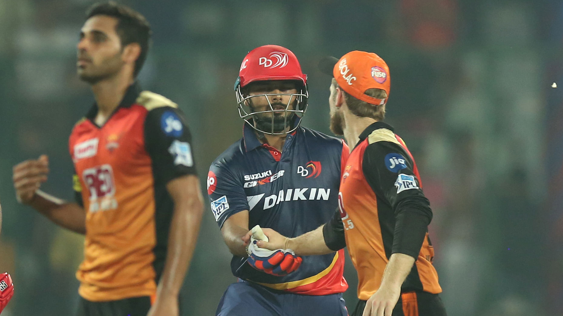 Kane Williamson of the Sunrisers Hyderabad shakes hand with Rishab Pant of the Delhi Daredevils after he completes a century at the Feroz Shah Kotla Ground.