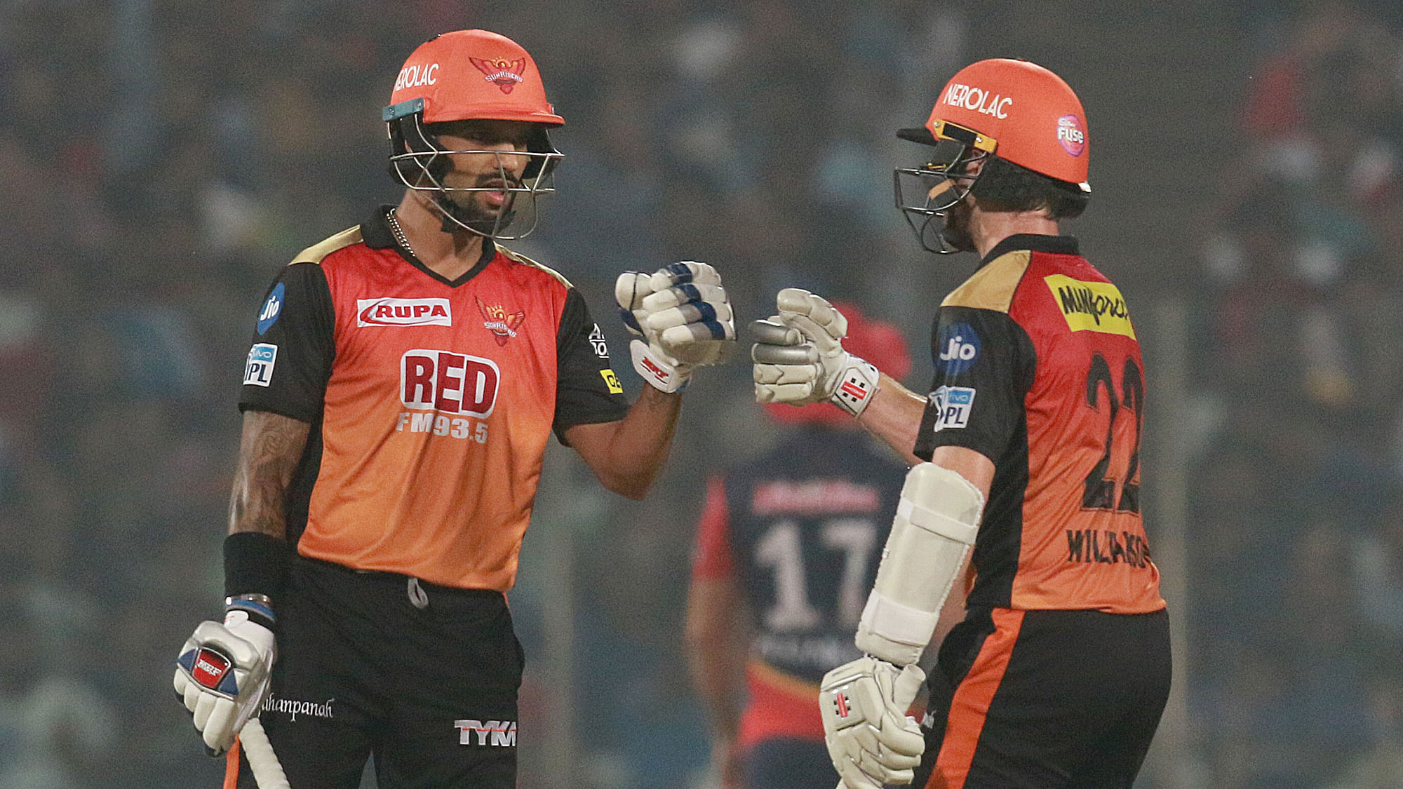 Shikhar Dhawan and Kane Williamson share a moment during the match against Delhi Daredevils.