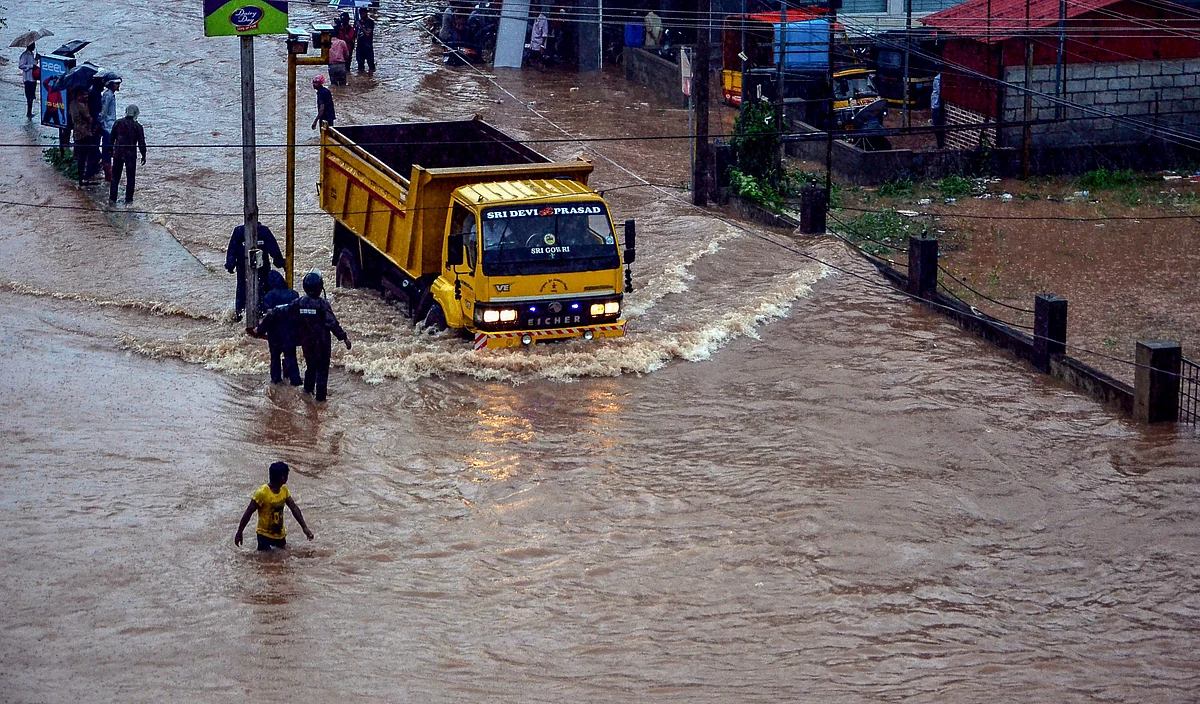 A view of a flooded locality after a thunderstorm in Mangaluru.