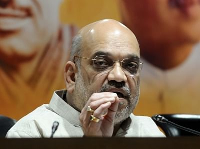 New Delhi: BJP chief Amit Shah addresses a press conference, at the party