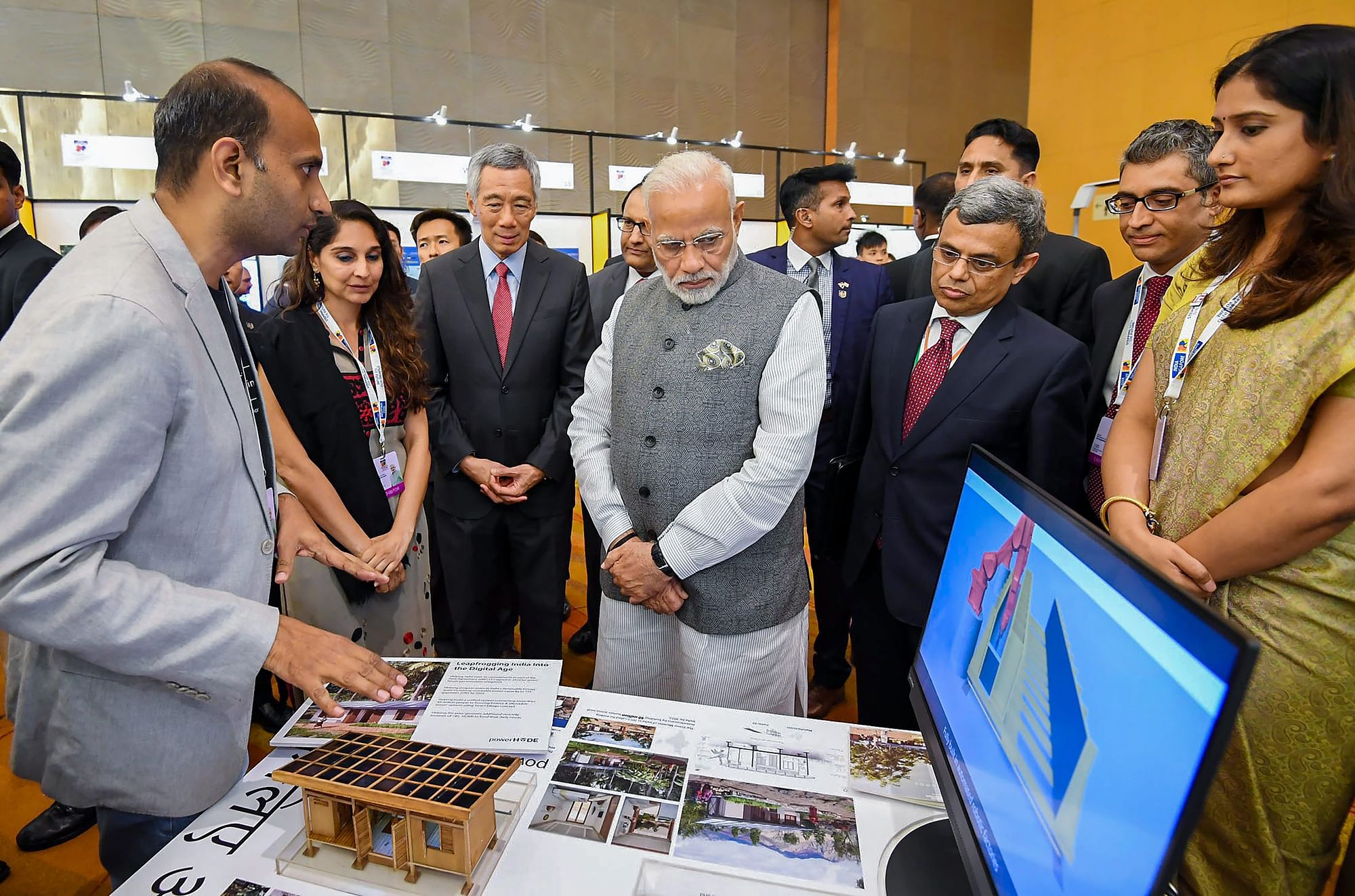 Prime Minister Narendra Modi and Singapore Prime Minister Lee Hsien Loong visit the India-Singapore Enterprise and Innovation Exhibitions, at Marina Bay Sands Convention Centre in Singapore.