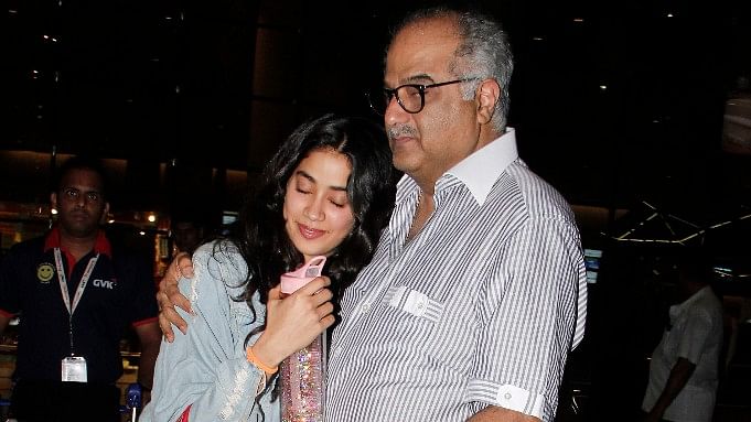 Boney Kapoor receives Janhvi Kapoor at the airport.&nbsp;