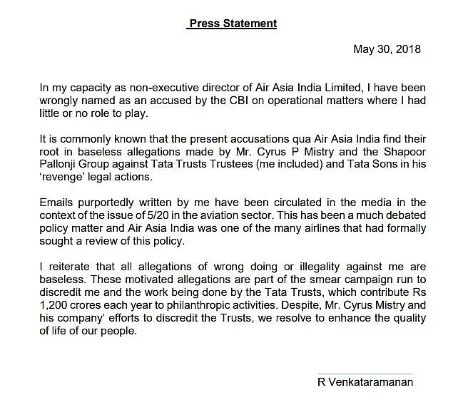 Press statement from R Venkataramanan