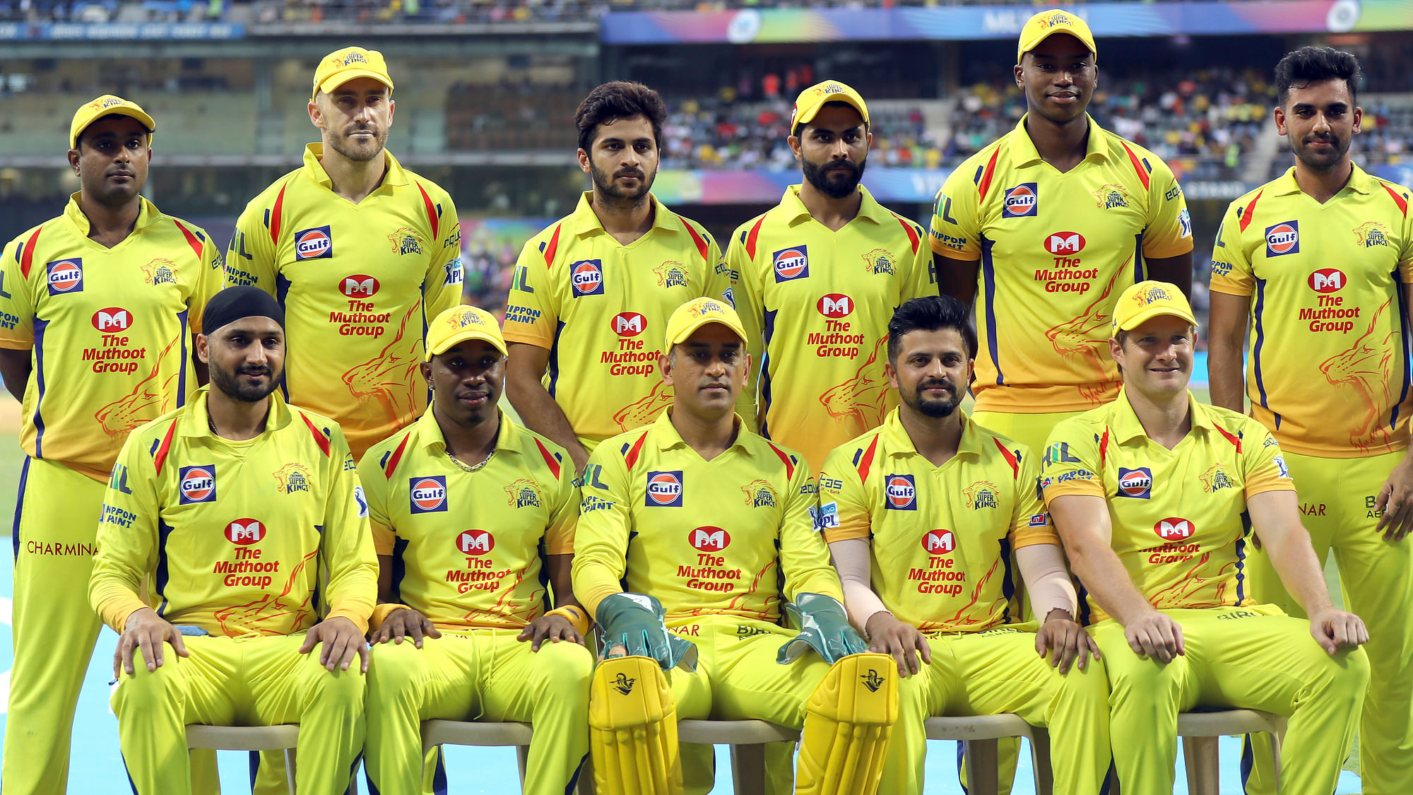 Chennai Super Kings players pose for a group picture during Qualifier 1 of the Vivo Indian Premier League 2018 against Sunrisers Hyderabad at the Wankhede Stadium in Mumbai on the 22nd May 2018.