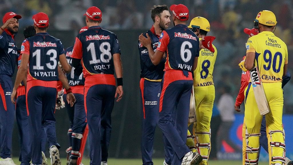 Delhi players celebrate after beating Chennai Super Kings by 34 runs.