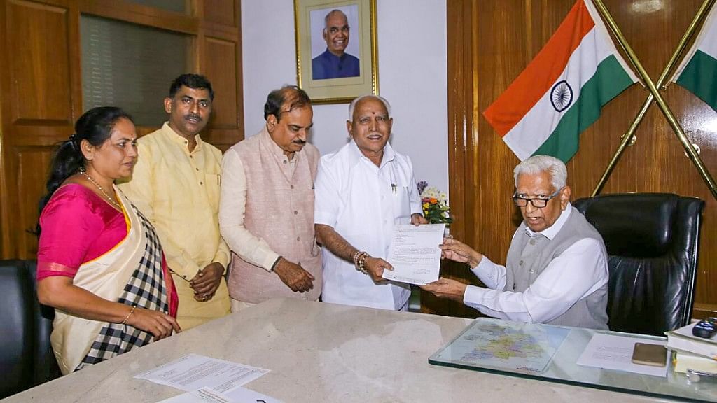 BJP’s chief ministerial candidate BS Yeddyurappa met Karnataka Governor Vajubhai Vala after the Karnataka Assembly election  results, in Bengaluru on Tuesday, 15 May.&nbsp;