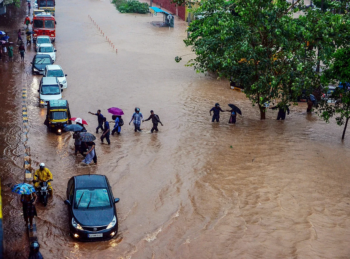 A view of a flooded locality after a thunderstorm in Mangaluru.