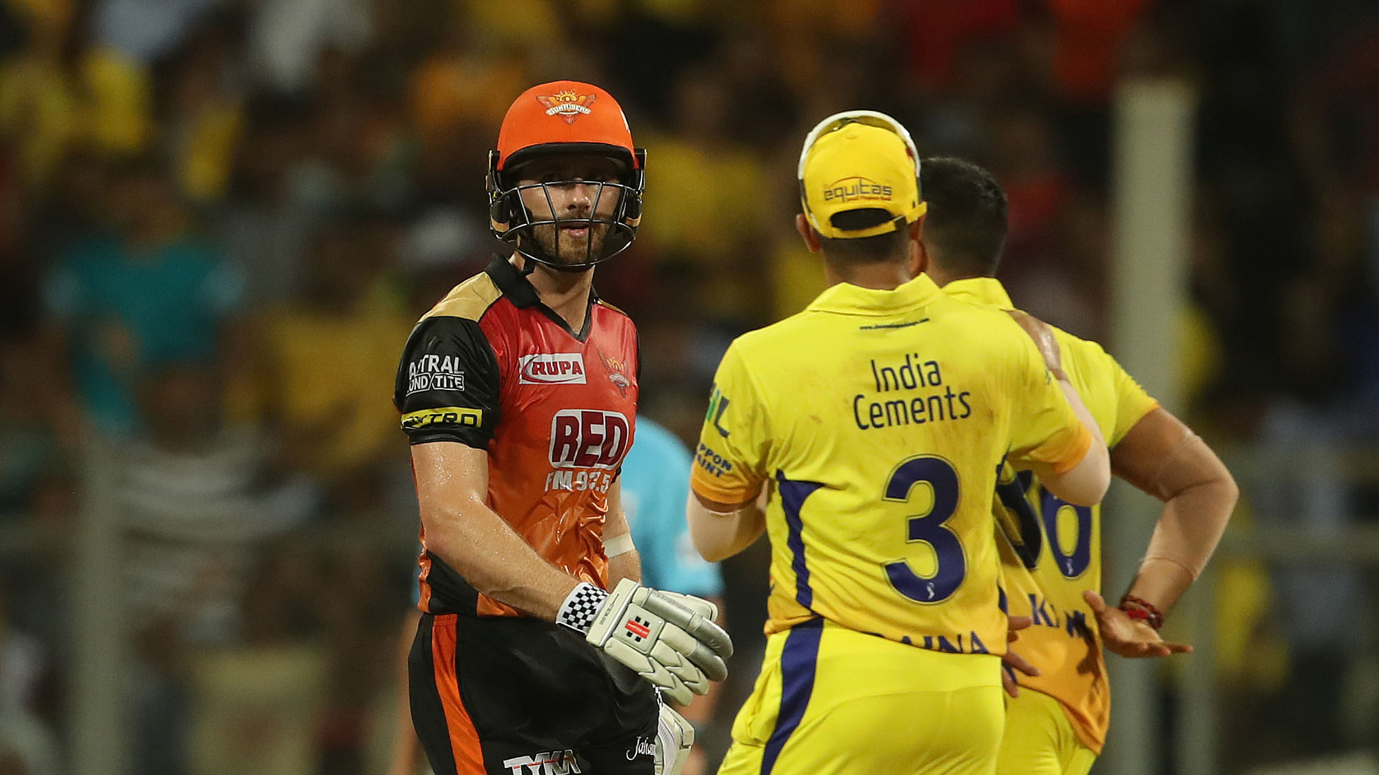 Kane Williamson of the Sunrisers Hyderabad reacts after losing his wicket during the Final of the Vivo Indian Premier League 2018 (IPL 2018) between the Chennai Super Kings and the Sunrisers Hyderabad held at the Wankhede Stadium in Mumbai on the 27th May 2018.