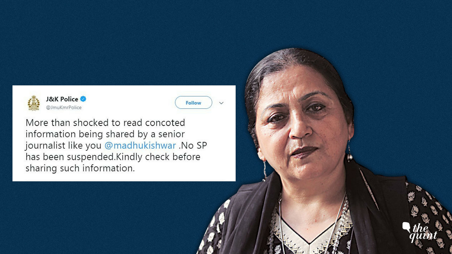 Jammu and Kashmir police has said that the information that Madhu Kishwar shared was “concocted.”