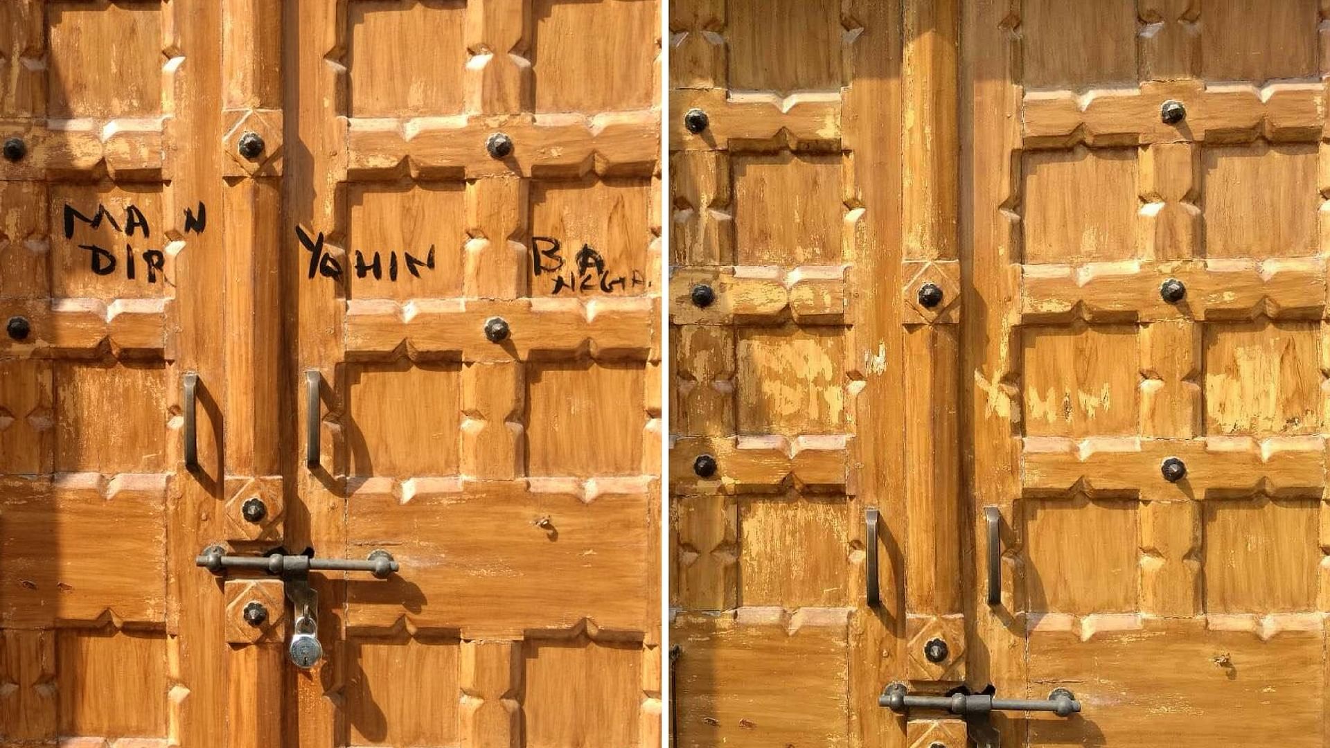 ‘Mandir yahin banega’ (‘The temple will be constructed here’) scribbled on the door (left), the chapel door after the slogan was scraped out (right). &nbsp;