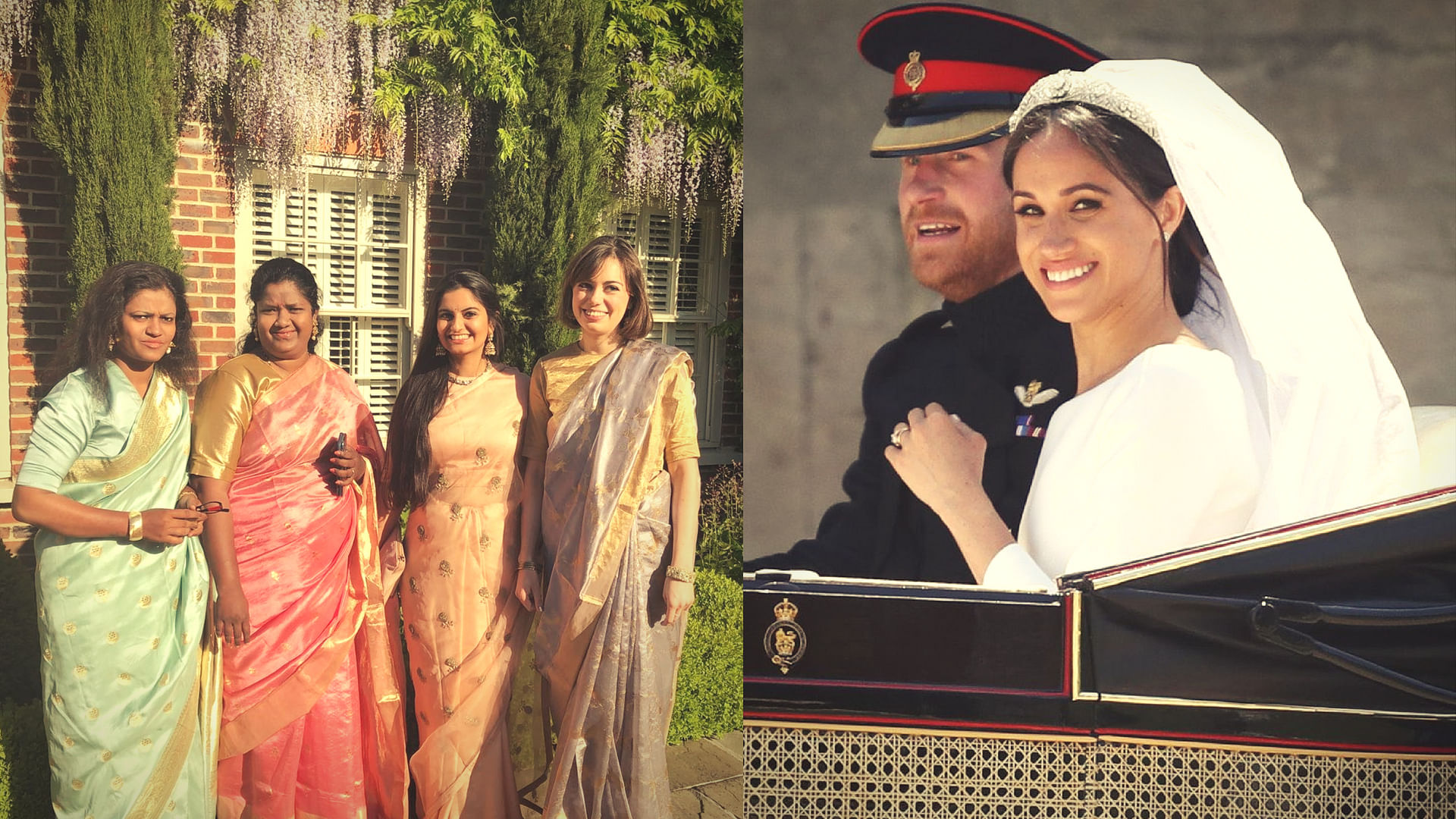Suhani and her team wore sarees to the royal wedding (L); Prince Harry and Meghan after their wedding (R)