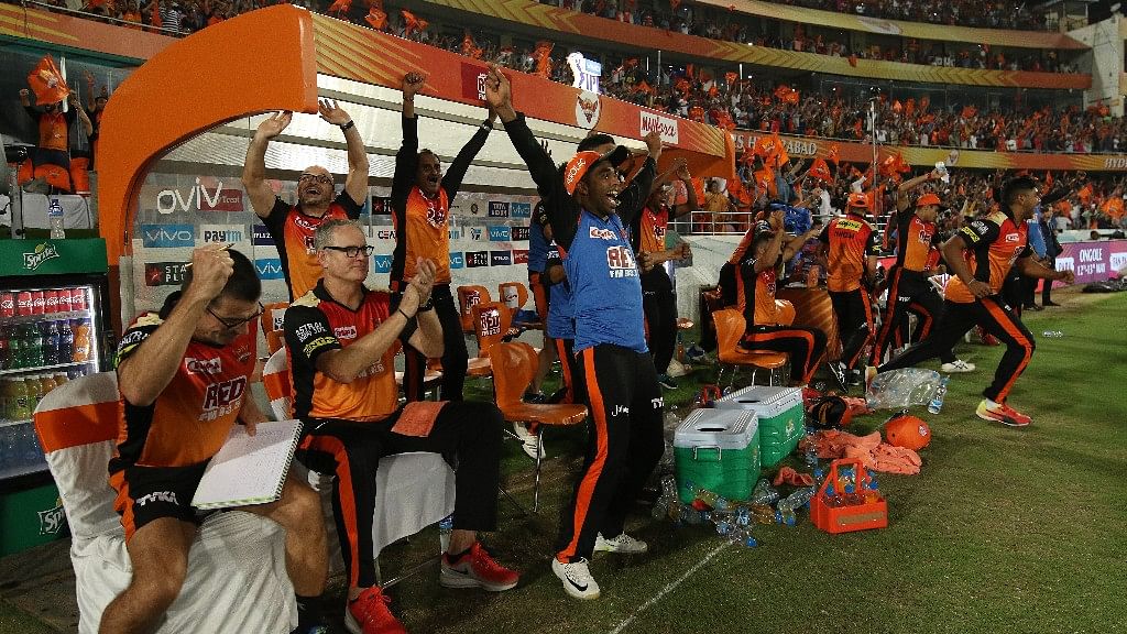 The Sunrisers dugout celebrate their win against Royal Challengers Bangalore in Hyderabad on Monday.