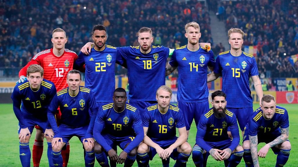Sweden's national football team pose before an international friendly