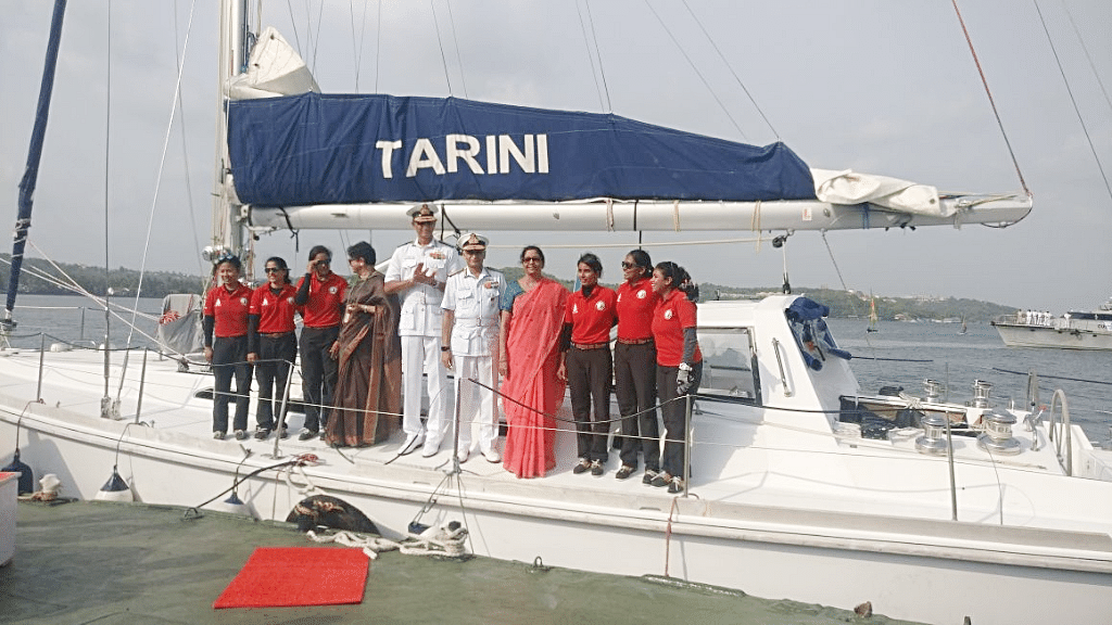INSV Tarini welcomed by Defence Minister Nirmala Sitharaman.
