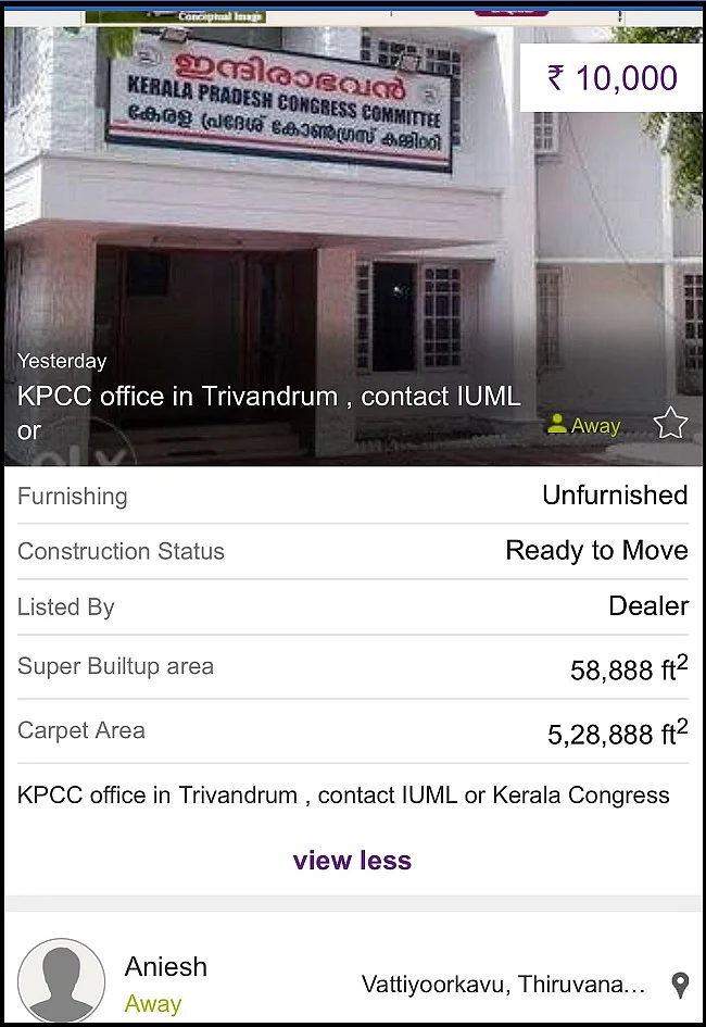 Kerala’s Cong HQ Put Up for Sale on OLX After KC(M) Given RS Seat