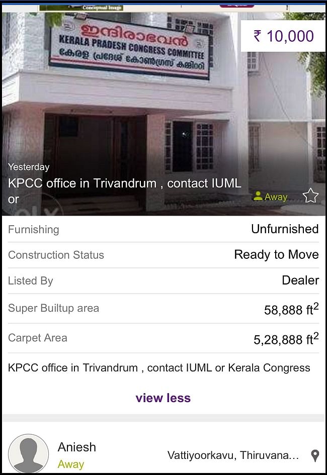 The party headquarters has been put up for sale by a user named Aniesh who pegged the property price at Rs 10,000.