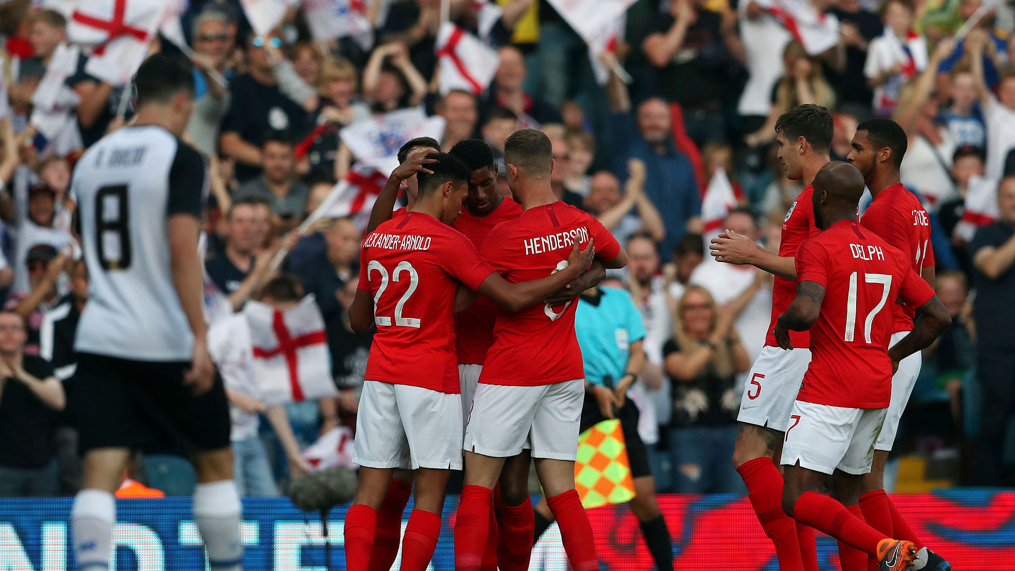 England’s Marcus Rashford (centre) celebrates his goal with his teammates during the international friendly soccer match between England and Costa Rica.