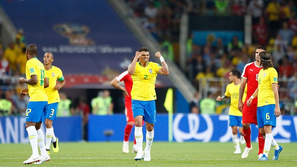 Brazil’s Thiago Silva (centre) celebrates after scoring his side’s second goal during their Group E match against Serbia at the  Spartak Stadium on Wednesday.