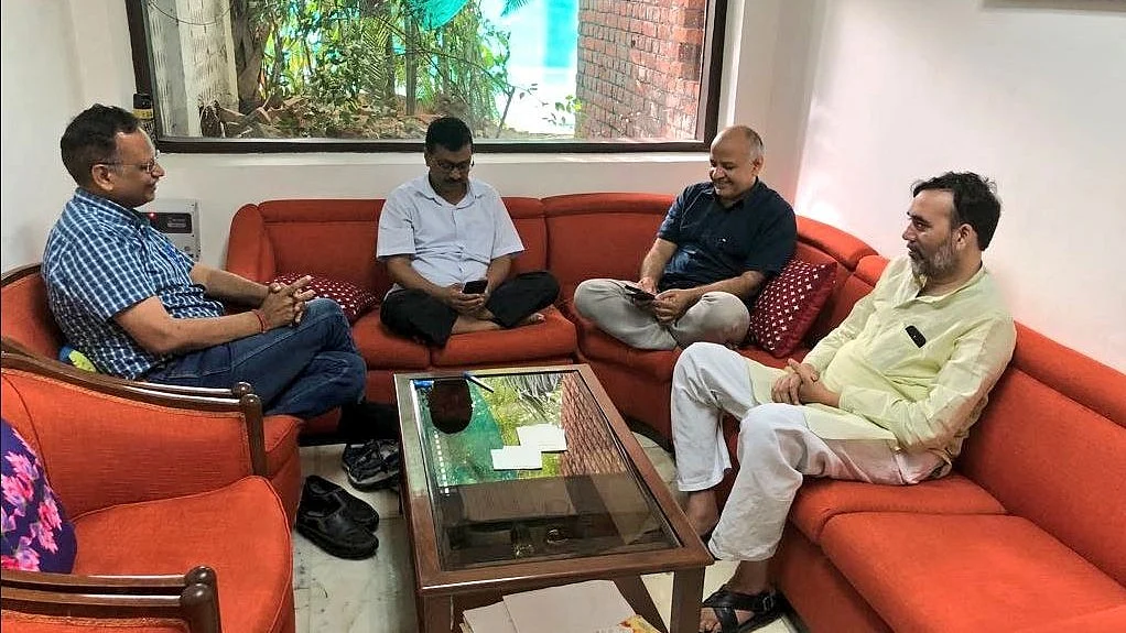 Delhi CM Arvind Kejriwal, Deputy CM Manish Sisodia, AAP leaders Satyendra Kumar Jain and Gopal Rai during a sit-in protest at L-G Anil Baijal’s residence, in New Delhi.