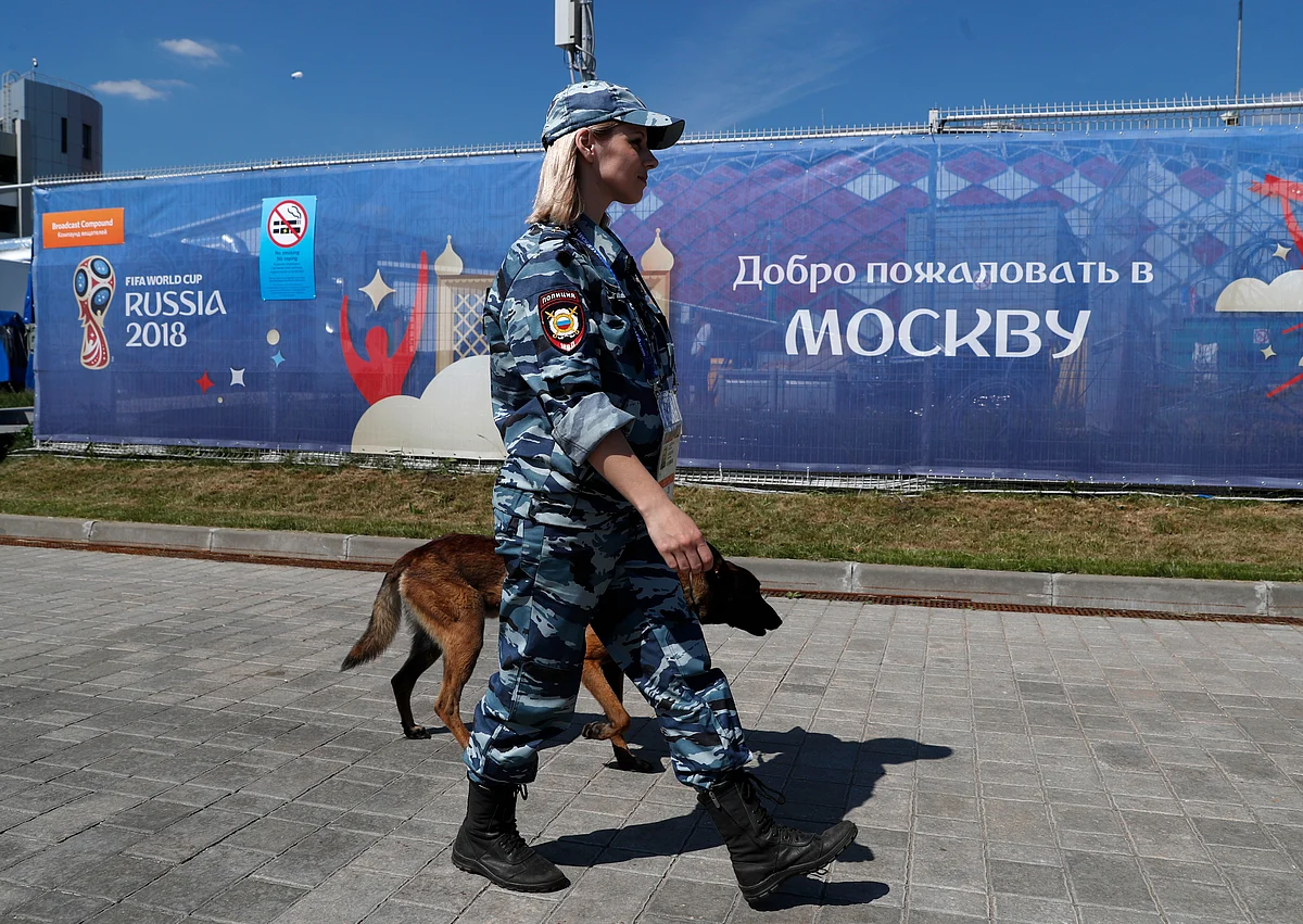 A police officer patrols outside the stadium ahead of the group D match between Argentina and Iceland at the FIFA World Cup 2018
