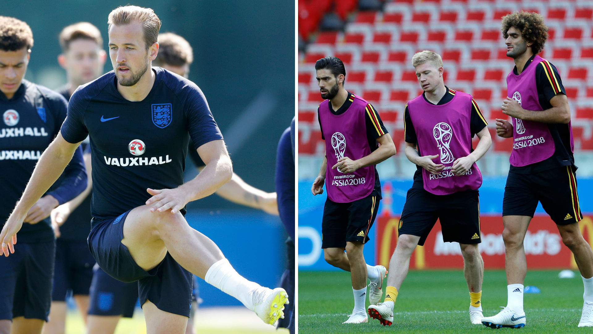 England’s Harry Kane and Belgium’s Yannick Carrasco,  Kevin De Bruyne,  Marouane Fellaini warming up during their official training.