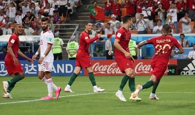 SARANSK, June 25, 2018 (Xinhua) -- Ricardo Quaresma (1st R) of Portugal celebrates his scoring during the 2018 FIFA World Cup Group B match between Iran and Portugal in Saransk, Russia, June 25, 2018. (Xinhua/Ye Pingfan/IANS)