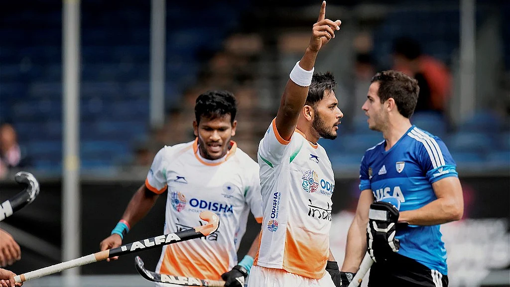 India’s Harmanpreet Singh celebrates after scoring the first goal against Argentina in the Champions Trophy in Netherlands on Sunday.
