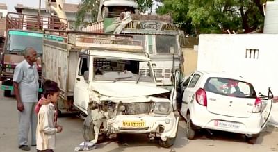 Mathura: A view of the site of the accident where a car was hit by another vehicle near Mathura on June 5, 2018. Four persons of a family, including a police constable, were killed and three others were injured in the accident. (Photo: IANS)