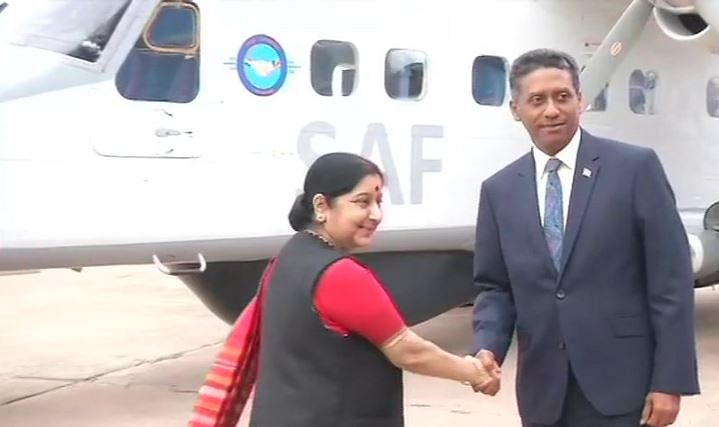  Sushma Swaraj hands over a Dornier aircraft to Seychelles President Danny Faure at Palam Technical Area in Delhi.&nbsp;